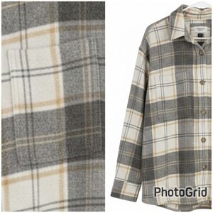 ♻️American Eagle Plaid Shacket – Beige Cream Gray Flannel Button Down